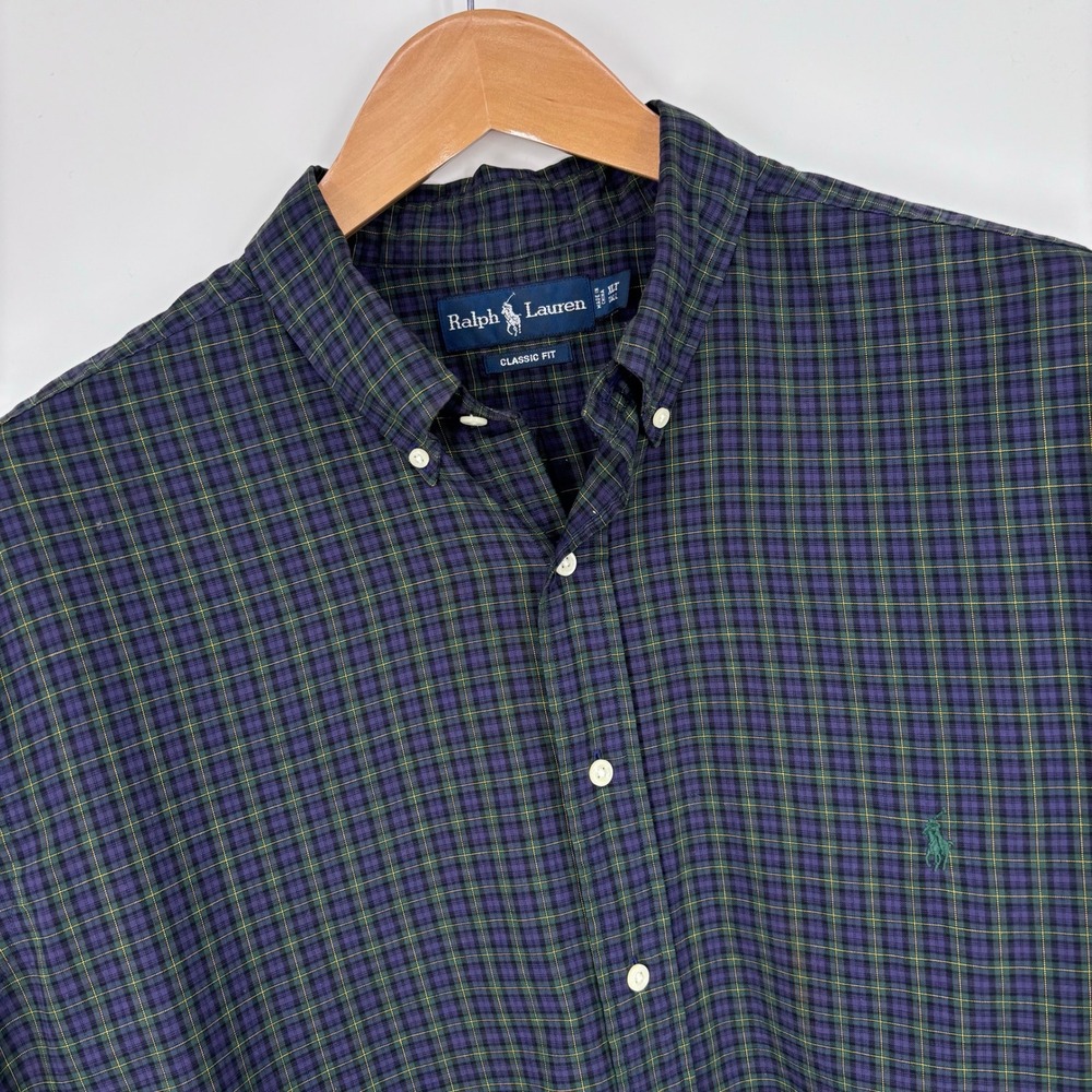 Polo Ralph Lauren Button Down Shirt Mens XLT Tall Blue Green Plaid Preppy *FLAW
